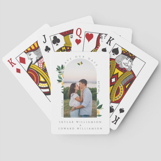 Elegant Floral Lemon Tree Arch Photo Save The Date Poker Cards (Back)