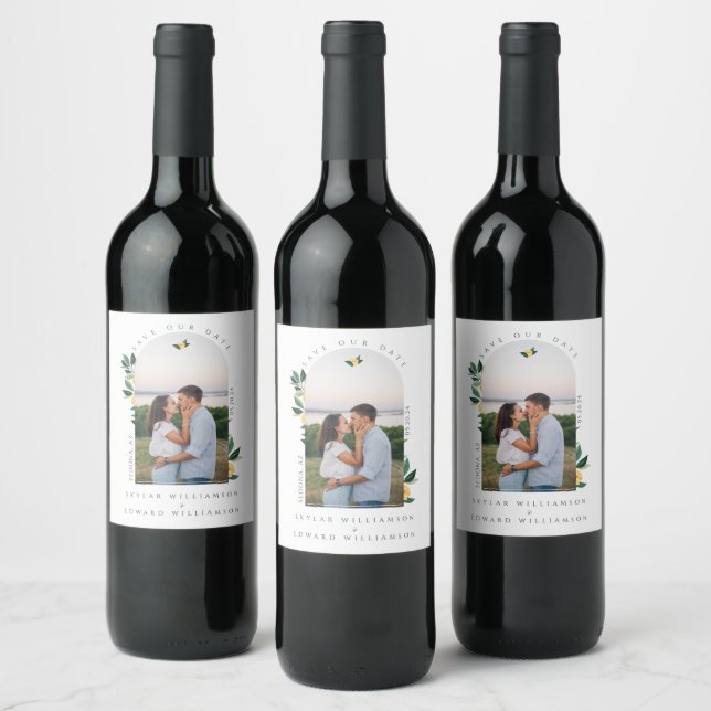 Elegant Floral Lemon Tree Arch Photo Save The Date Wine Label (Bottles)