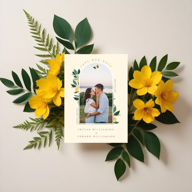 Elegant Floral Lemon Tree Arch Photo Yellow Save The Date (Elegant Floral Lemon Tree Arch Photo Yellow Save The Date)