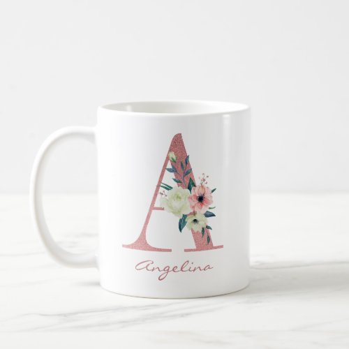 Elegant Floral Letter A Pink and Ivory Bouquet Coffee Mug