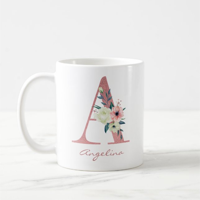 Elegant Floral Letter A Pink and Ivory Bouquet Coffee Mug (Left)
