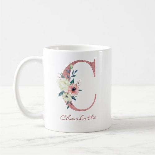 Elegant Floral Letter C Pink and Ivory Bouquet Coffee Mug