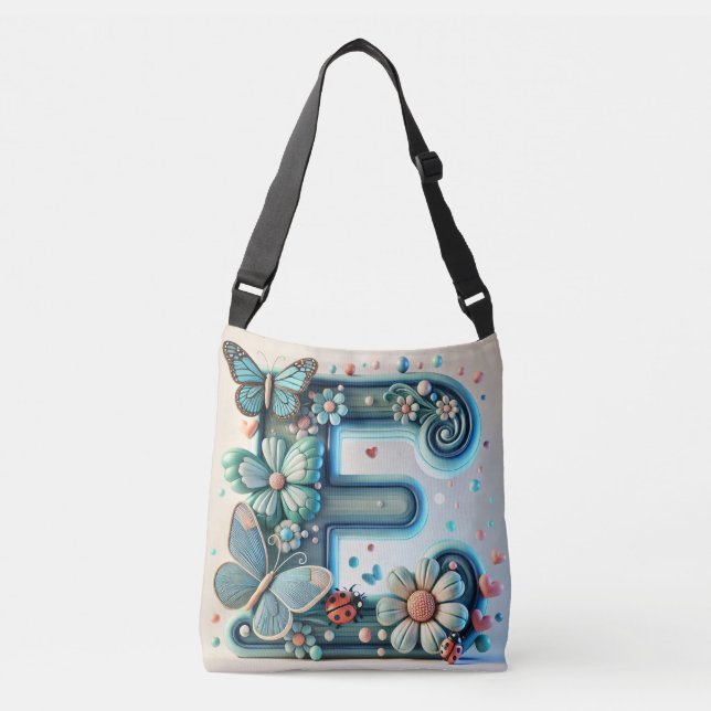 Elegant Floral Letter E with Butterflies Crossbody Bag (Front)