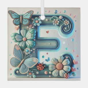 Elegant Floral Letter E with Butterflies Glass Ornament