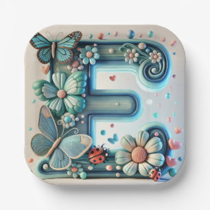 Elegant Floral Letter E with Butterflies Paper Plates