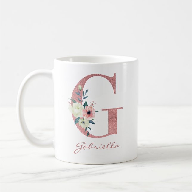 Elegant Floral Letter G Pink and Ivory Bouquet Coffee Mug (Left)