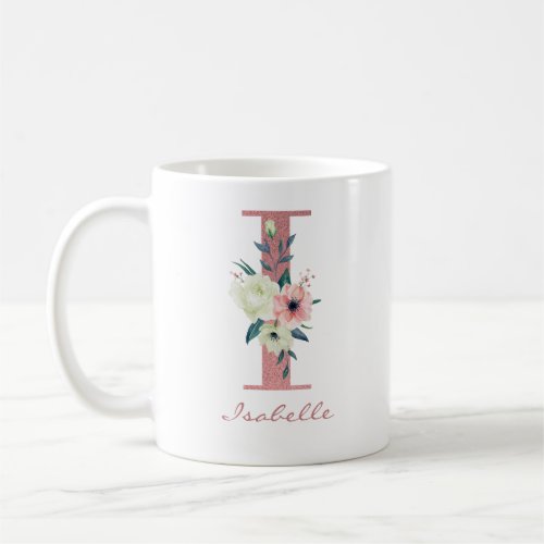 Elegant Floral Letter I Pink and Ivory Bouquet Coffee Mug