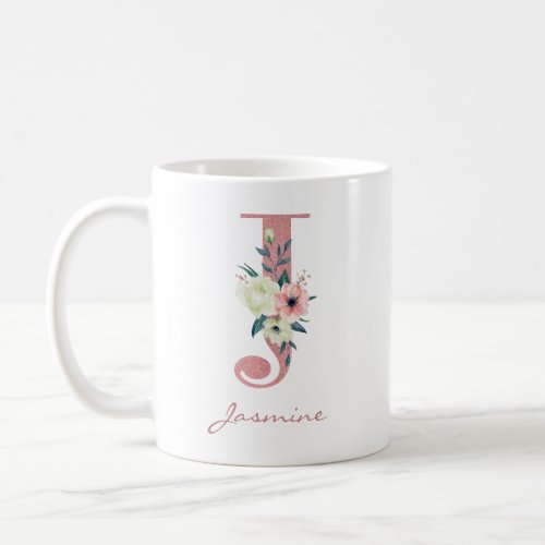 Elegant Floral Letter J Pink and Ivory Bouquet Coffee Mug