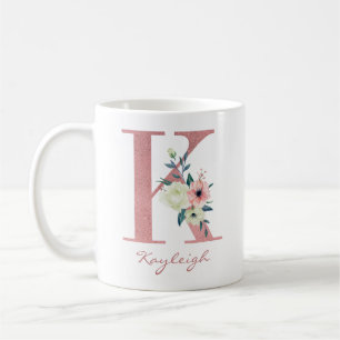 Elegant Floral Letter K Pink and Ivory Bouquet Coffee Mug