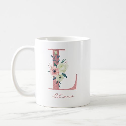 Elegant Floral Letter L Pink and Ivory Bouquet Coffee Mug
