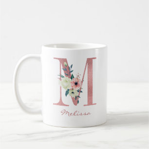 Elegant Floral Letter M Pink and Ivory Bouquet Coffee Mug