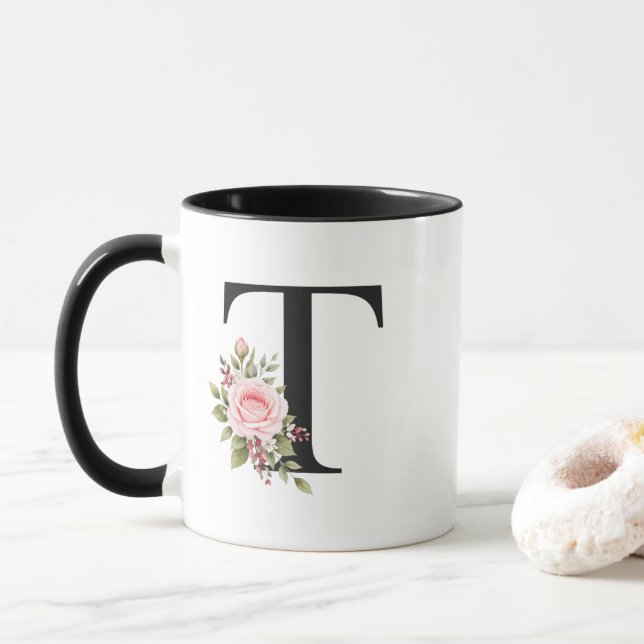Elegant Floral Letter T Monogram Logo Mug (With Donut)