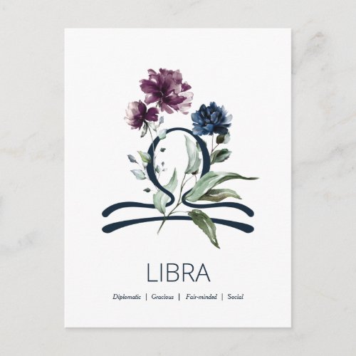Elegant Floral Libra Symbol Postcard