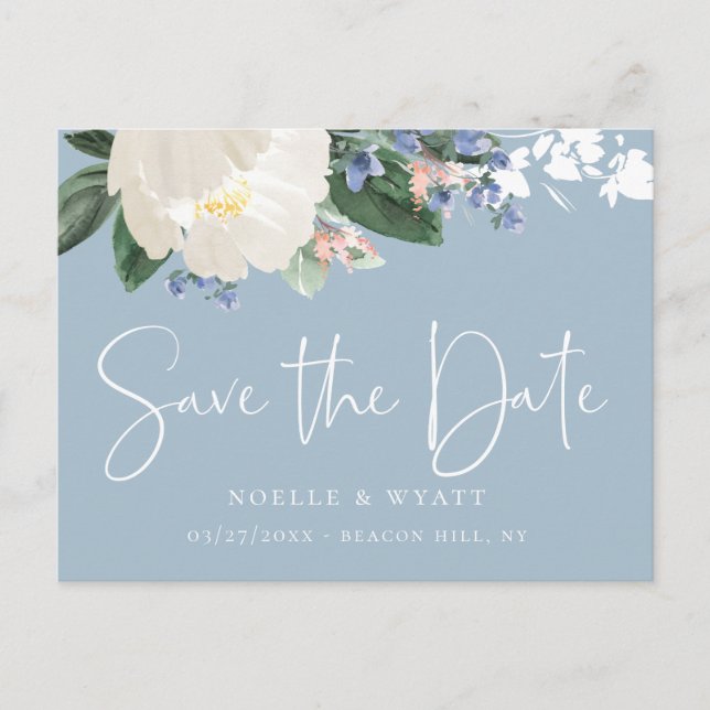 Elegant Floral Light Blue Wedding Save the Date Announcement Postcard (Front)