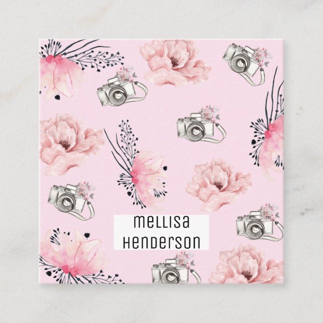 Elegant Floral Light Pink Camera Square Business Card (Front)