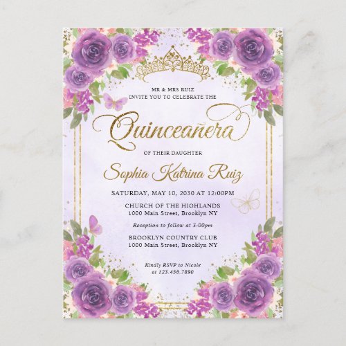 Elegant Floral Light Purple Gold Tiara Quinceaera Postcard