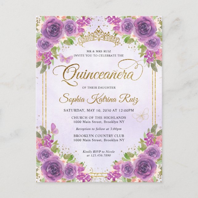 Elegant Floral Light Purple Gold Tiara Quinceañera Postcard (Front)