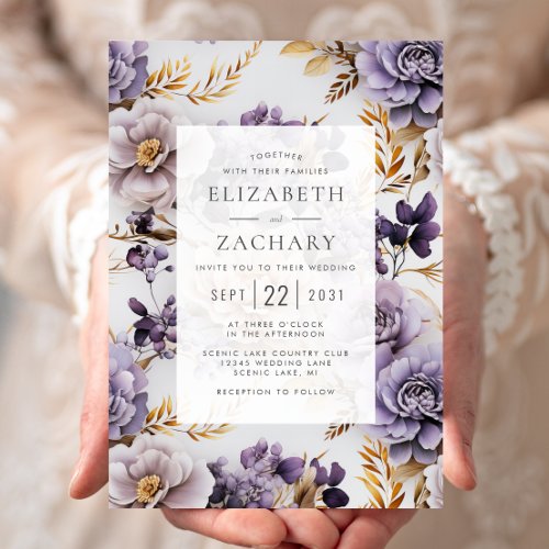 Elegant Floral Lilac Purple Gold Wedding Invitation