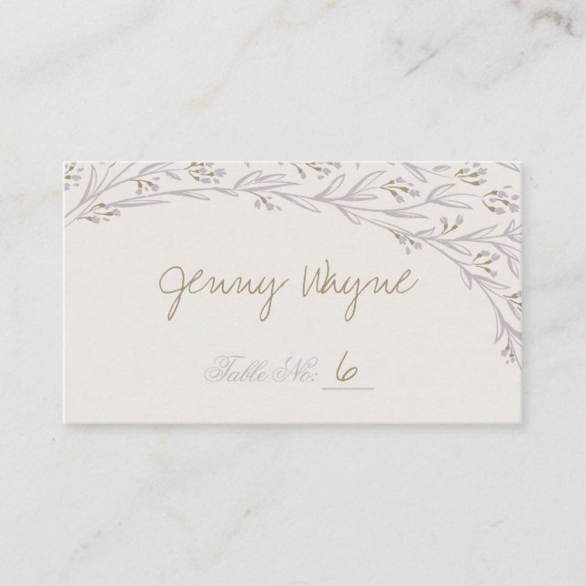 Elegant floral lilac rustic wedding place cards (Front)
