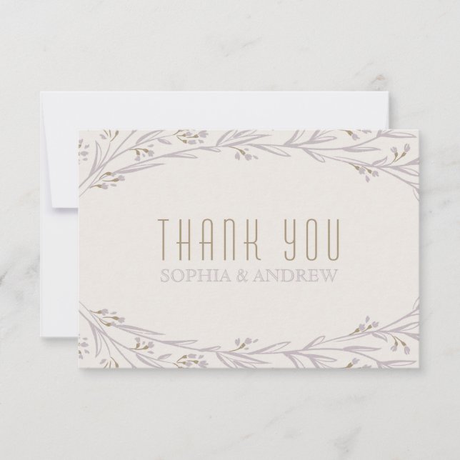 Elegant floral lilac rustic wedding thank you card (Front)