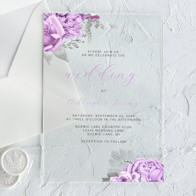 Elegant Floral Lilac Silver Script Wedding Acrylic Invitations (Creator Uploaded)