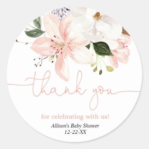 Elegant floral lilies blush thank you classic round sticker