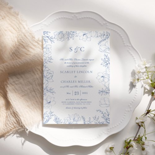 Elegant Floral Line Art Blue Monogram Wedding Invitation