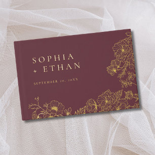 Elegant Floral Line Art Burgundy Wedding Foil Guest Book