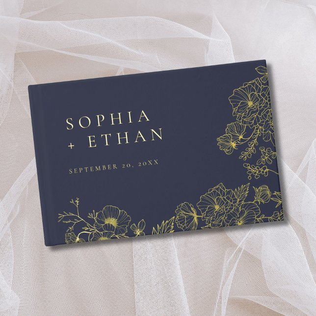 Elegant Floral Line Art Navy Blue Wedding Foil Foil Guest Book (Creator Uploaded)