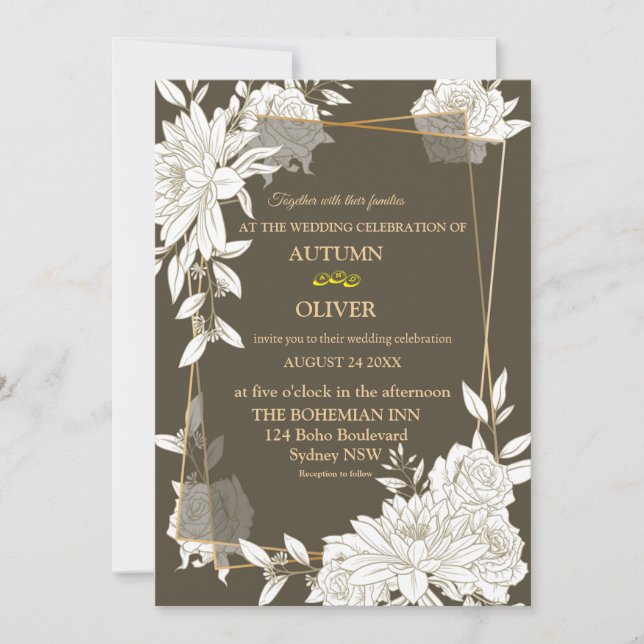 Elegant floral line art wedding invitation card (Front)