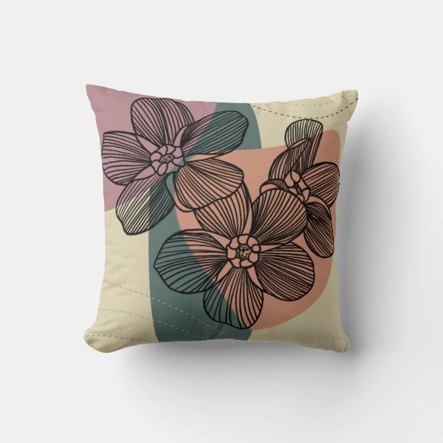 Elegant Floral Line Art with Abstract Circles II Throw Pillow (Front)