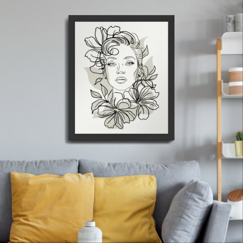 Elegant Floral Line Art Womans Portrait Wall Art