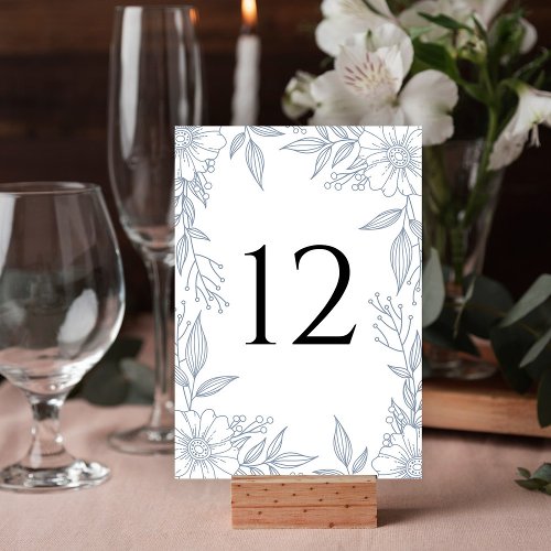 Elegant Floral Line Drawing Dusty Blue Wedding Table Number