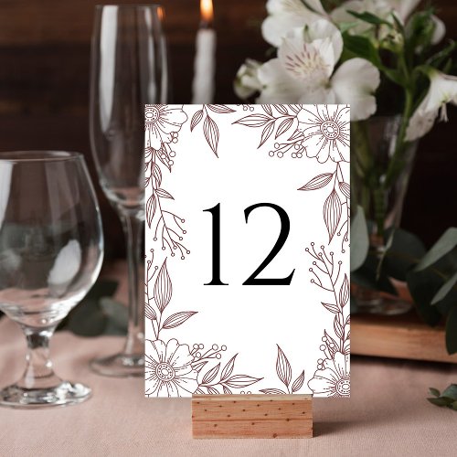 Elegant Floral Line Drawing Rust Red Wedding Table Number