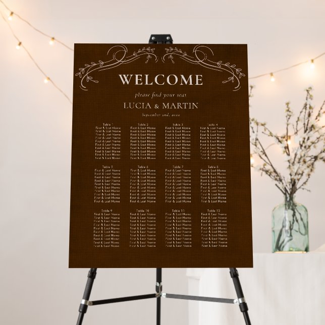 Elegant Floral Linen Espresso Brown Seating Chart Foam Board (In Situ (Stand))