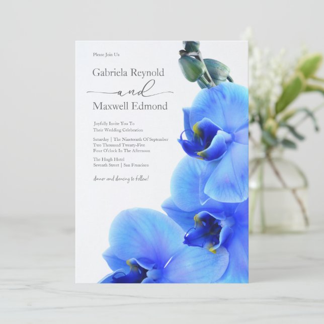 Elegant Floral Love Blue Orchids Wedding Invitation (Standing Front)