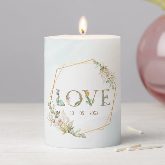 Elegant  Floral  Love Greenery Gold  Pillar Candle (In Situ)