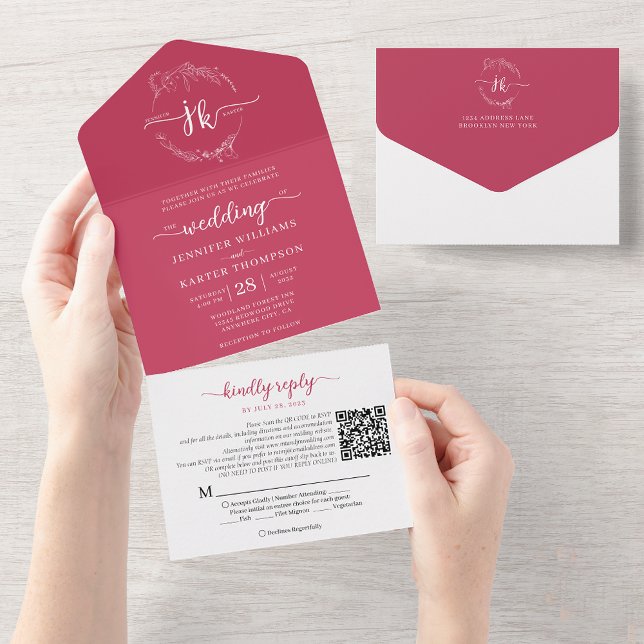 Elegant Floral Magenta Monogram QR Code Wedding All In One Invitation (Creator Uploaded)