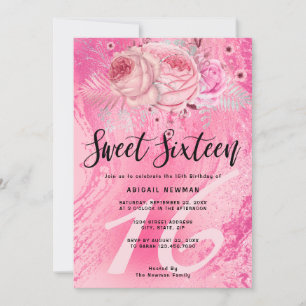 Elegant floral magenta pink glitter sweet sixteen invitation
