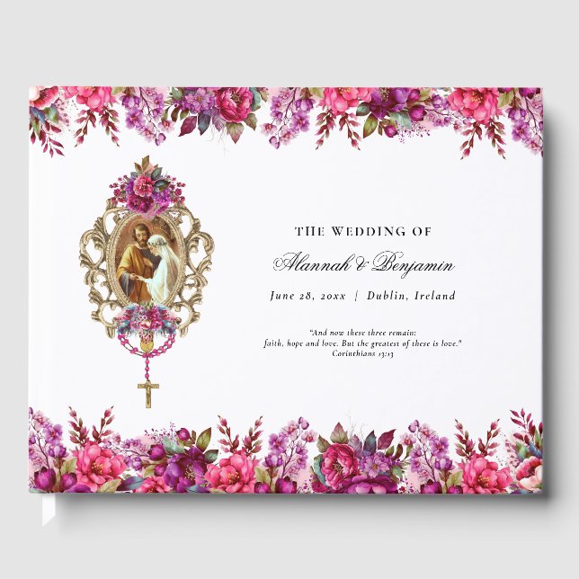 Elegant Floral Magenta Spring Catholic Wedding Guest Book (Front)