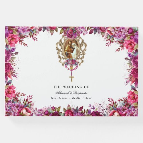 Elegant Floral Magenta Spring Catholic Wedding Guest Book