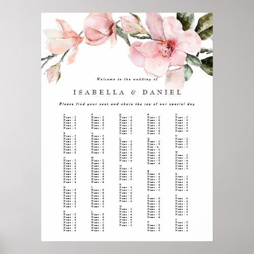 Elegant Floral Magnolia Alphabetical Seating Chart