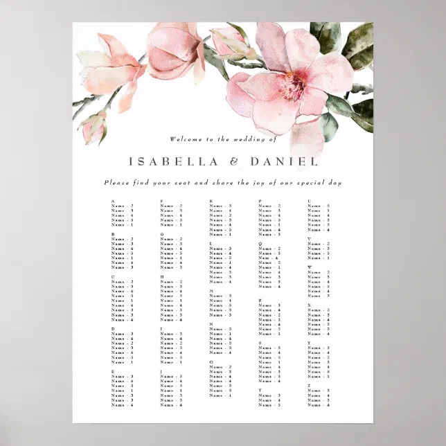 Elegant Floral Magnolia Alphabetical Seating Chart Zazzle