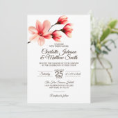 Elegant Floral Magnolia Coral Pink Peach Wedding Invitation (Standing Front)