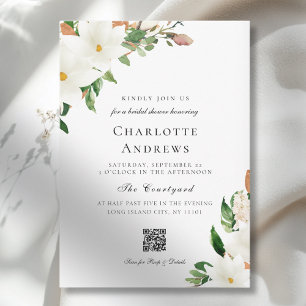 Elegant Floral Magnolia QR Code Bridal Shower Invitation