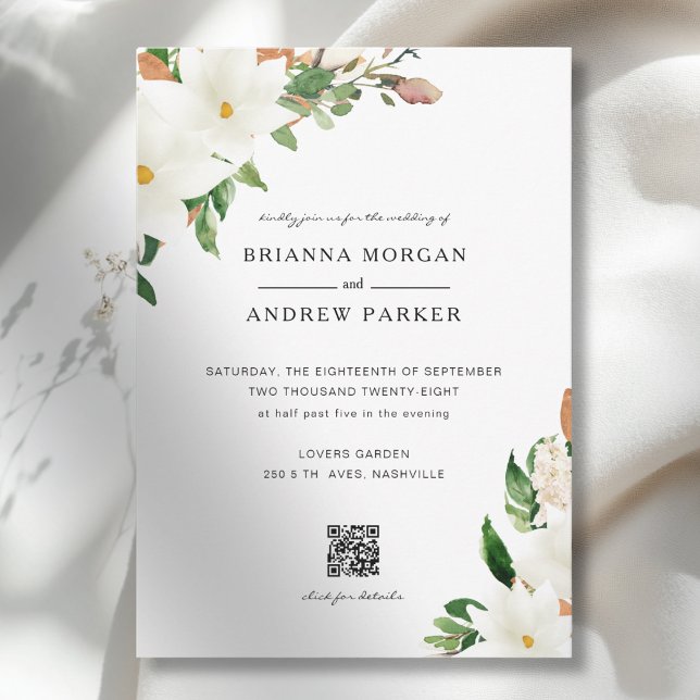 Elegant Floral Magnolia QR Code Wedding Invitation (Elegant Floral Magnolia QR Code Wedding Invitation)