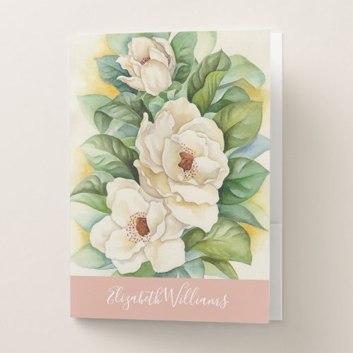Elegant Floral Magnolia Rose Gold Name Script Pocket Folder