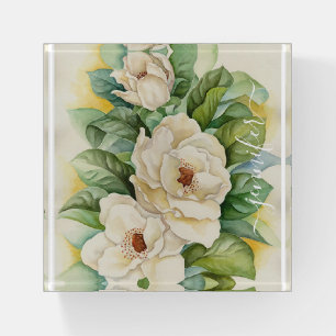 Elegant Floral Magnolia White Flowers Name Script Paperweight