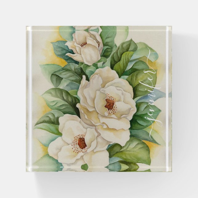 Elegant Floral Magnolia White Flowers Name Script Paperweight (Front)