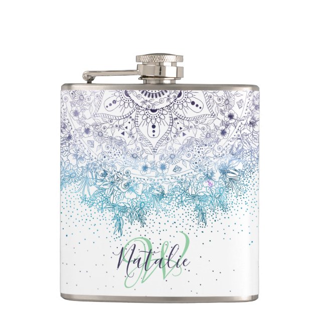 Elegant floral mandala and confetti image flask (Front)